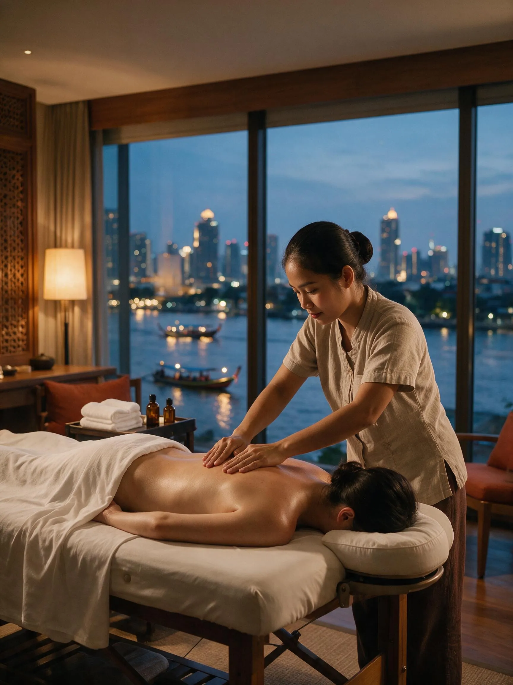 A therapist works at a massage table in a Bangkok hotel room, the Chao Phraya and the city lit beyond the window at dusk.