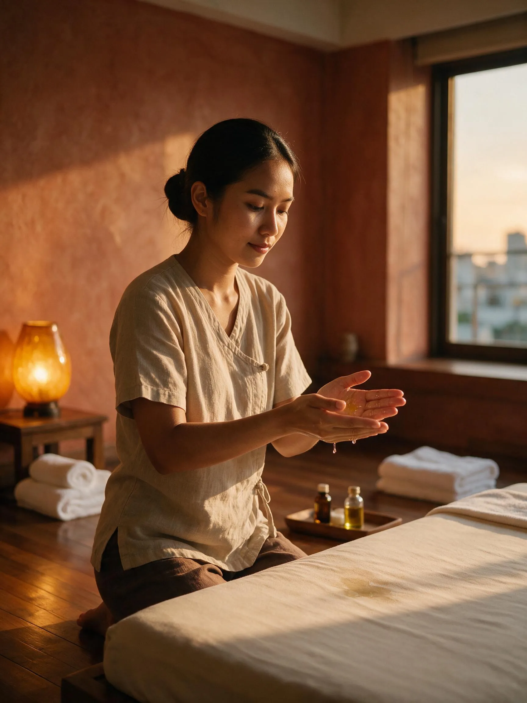 A therapist warms oil between her hands beside a massage table, towels and oil bottles laid out, the city at dusk beyond the window.
