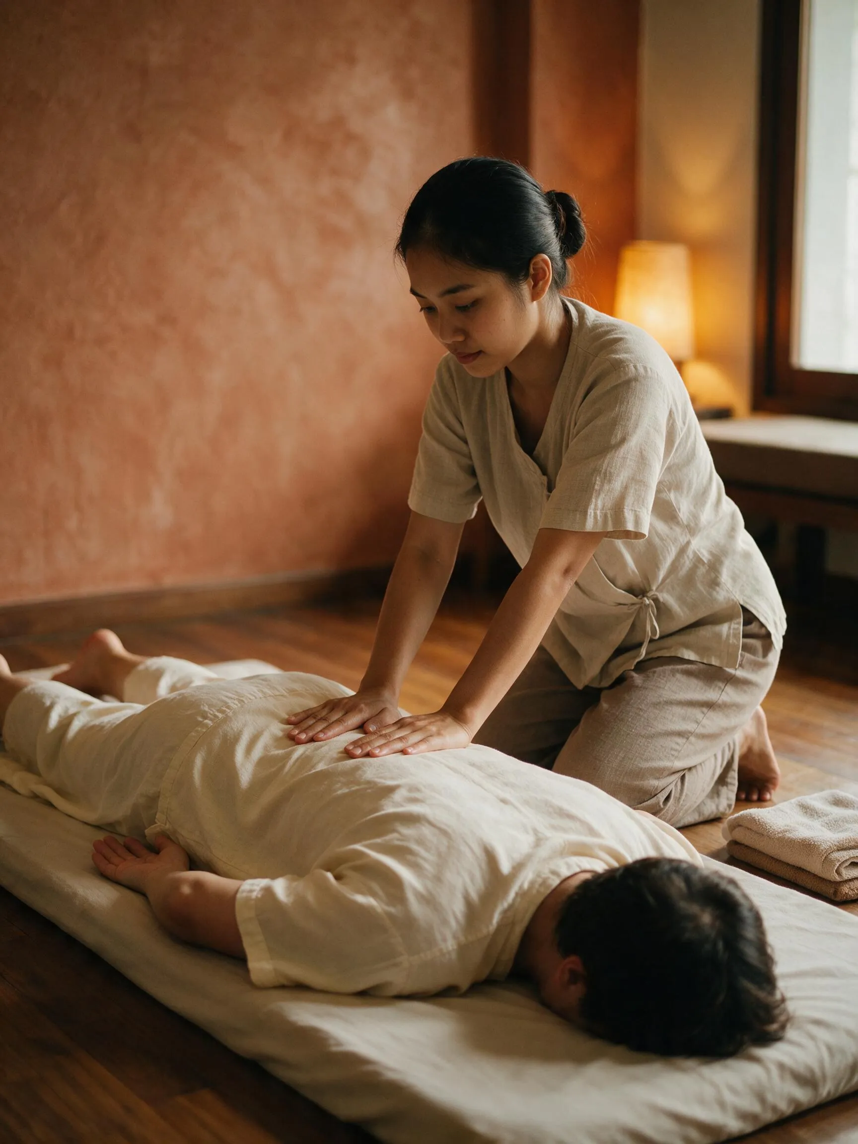 A therapist kneels beside a client lying face down on a mat, working the back through loose cotton clothing.